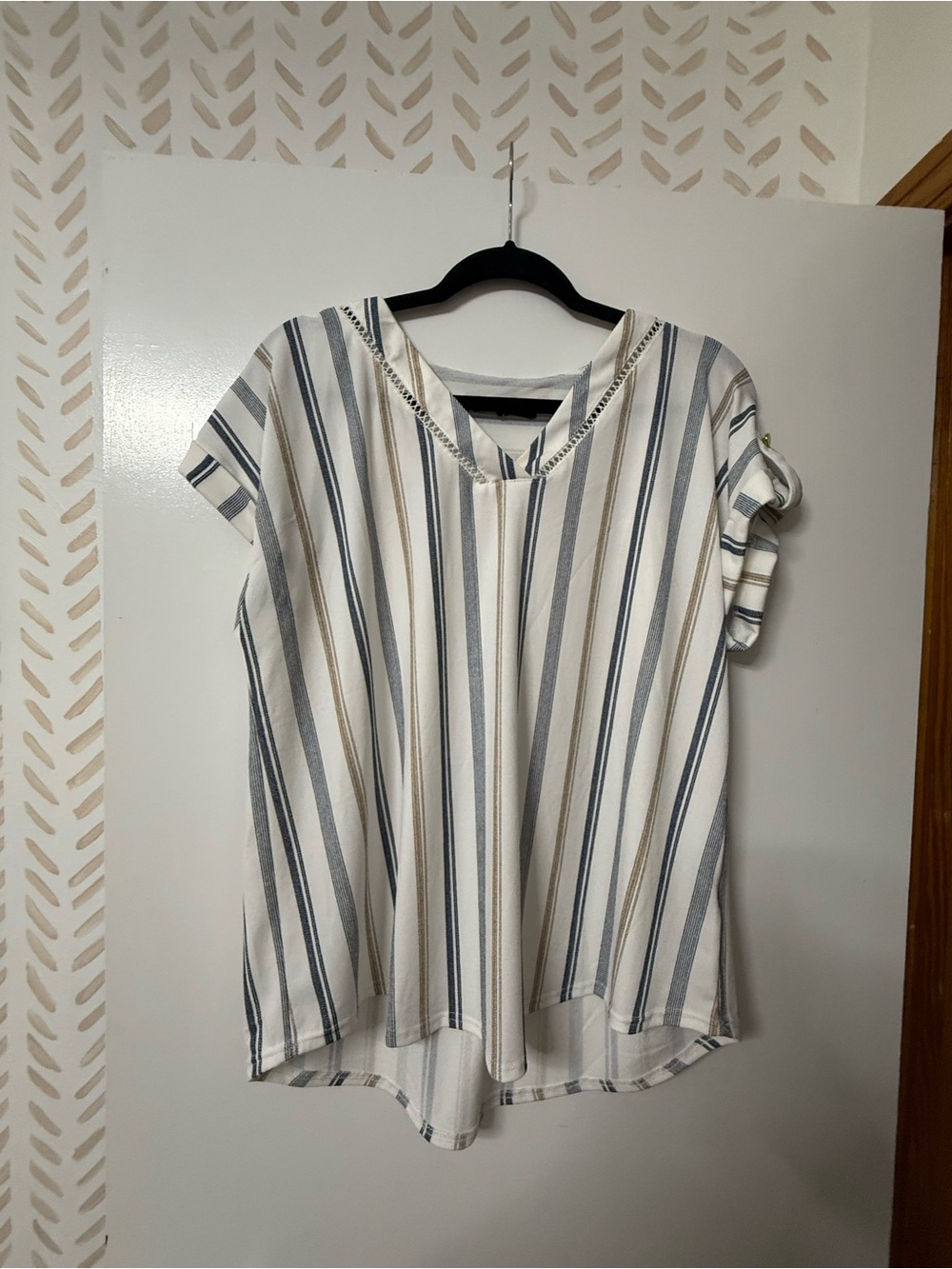 Women's Short Sleeve V-Neck Striped Blouse in White, Navy & Tan